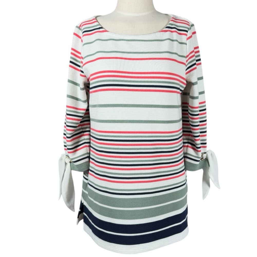 CHARTER CLUB Relaxed Fit Striped Tie-Sleeve Boat neckline Top Medium